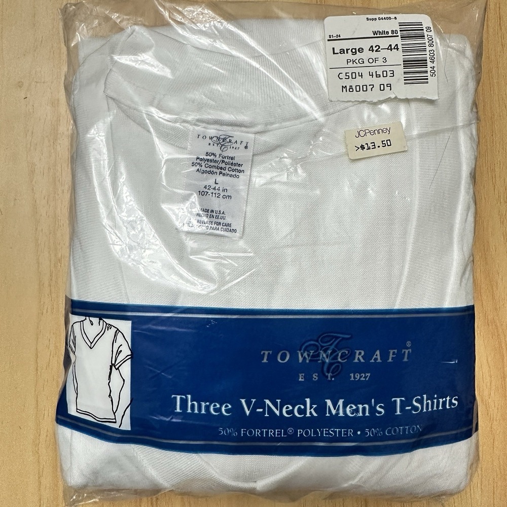 Vintage Towncraft Mens V Neck T Shirts Large 42-44 3 Pack NOS Made USA White